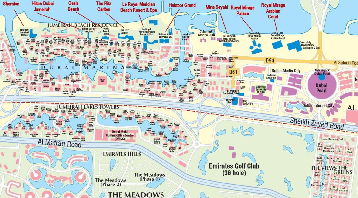 Marina di Dubai mappa con la costruzione di nomi